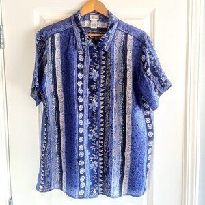 Anna Blue Floral Print Silk Short Sleeve Shirt